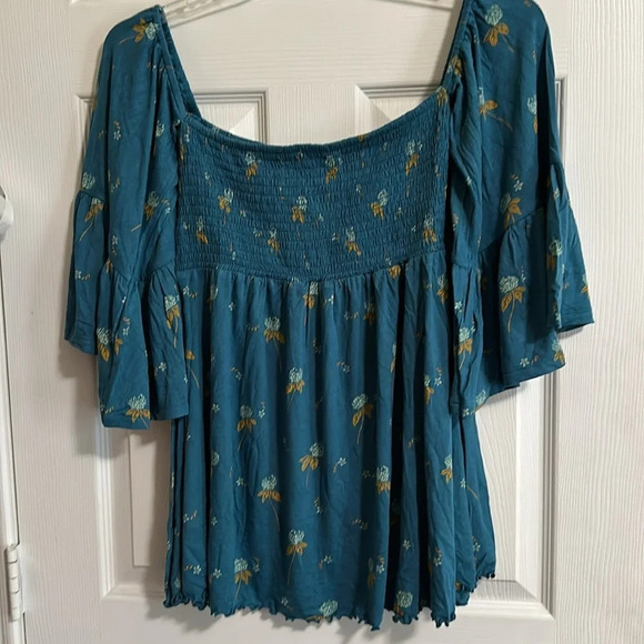 Free People Lana Off Shoulder Smocked Tunic NWOT Mermaid / Teal : Small Boho - Picture 7 of 8